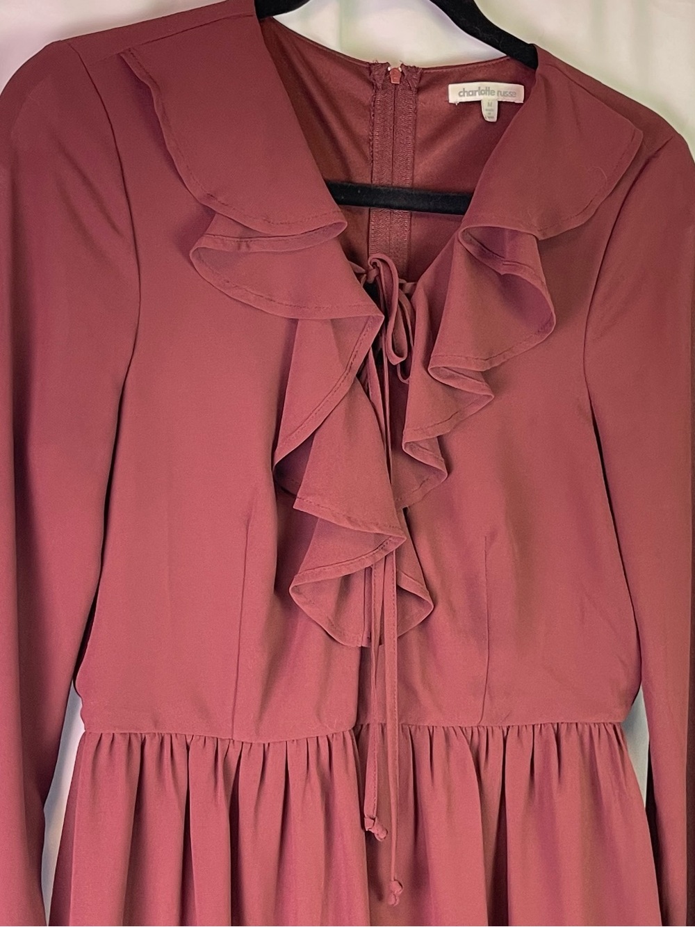 Charlotte Russe Brown-Mauve Ruffle-Front Tie Long Sleeve Dress Size Medium